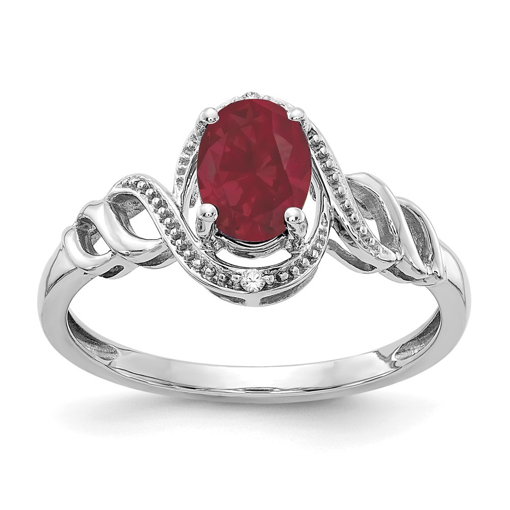 10k White Gold Red Ruby (July Birthstone) and Diamond Ring (Size 7)